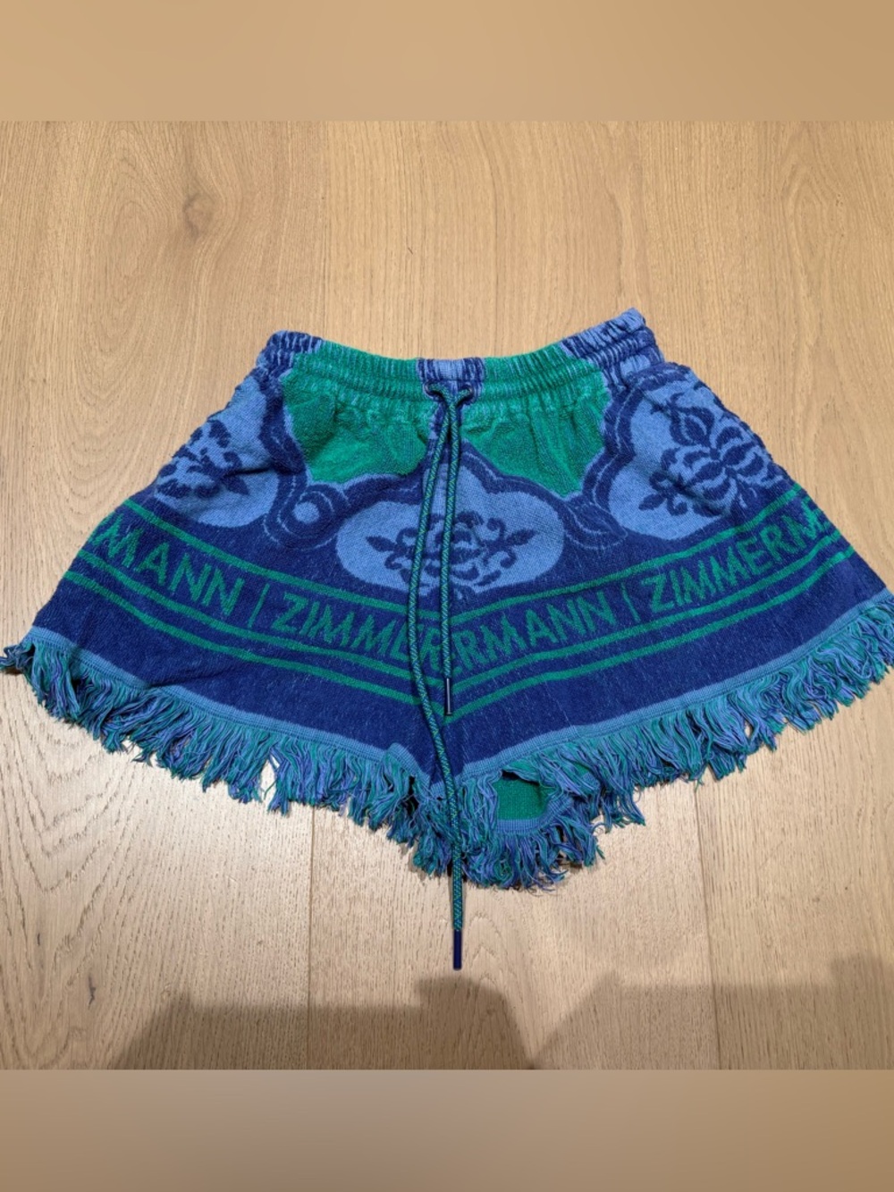 Zimmermann Blue & Green Fringe Terry Shorts Toweling